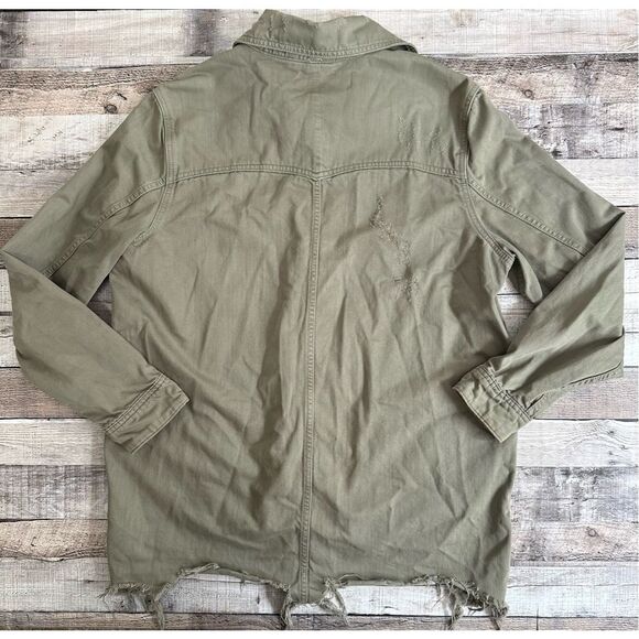 Free People Moonchild Distressed Denim Olive Green Raw Hem Jacket | Size Large - Picture 6 of 8
